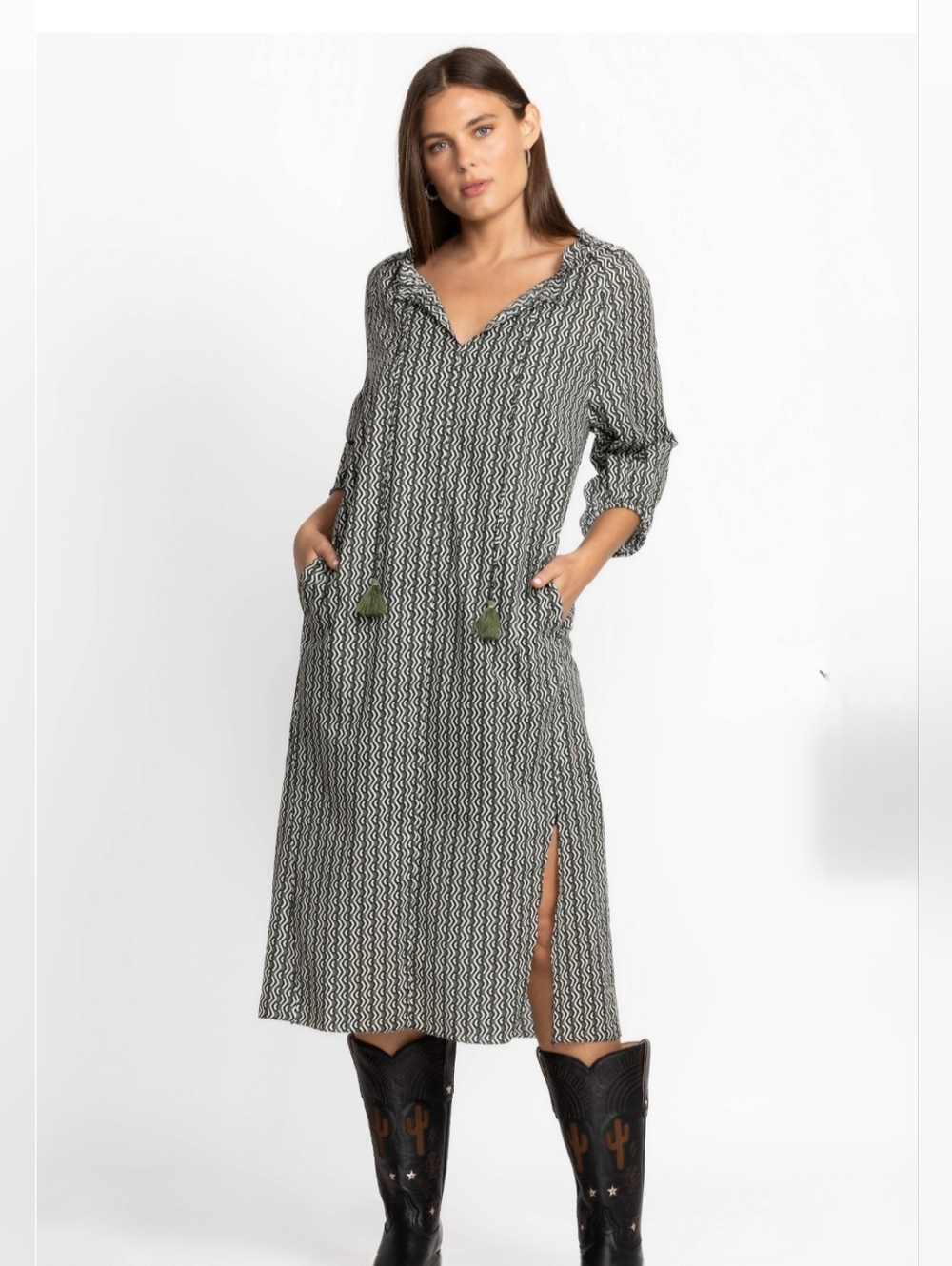 Johnny Was Calme Split Ruffle Neck Green Midi Dress-Size XXL